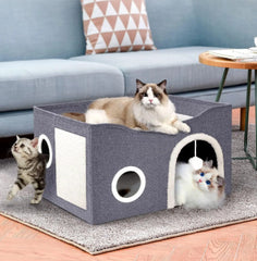 Casinha Gato Casa Cama Caminha Com Arranhador e Bolinha De Pelucia Para Gatos Pet 2 Andares Moderna