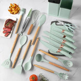 Kit Completo Jogo Utensílios de Cozinha De 19 Peças Com Tábua em Silicone Espátula Faca E Tesoura