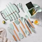 Kit Utensílios Cozinha Silicone Colher Suporte Faqueiro e Tabua 19 Peças