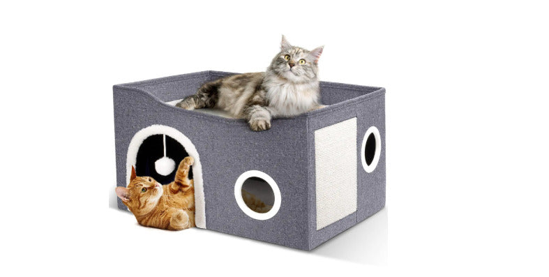 Casinha Gato Casa Cama Caminha Com Arranhador e Bolinha De Pelucia Para Gatos Pet 2 Andares Moderna