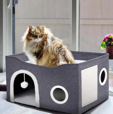 Casinha Gato Casa Cama Caminha Com Arranhador e Bolinha De Pelucia Para Gatos Pet 2 Andares Moderna