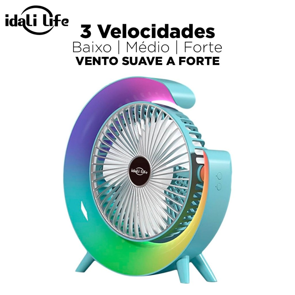 Ventilador de Mesa Silencioso Portátil Colorido RGB Desktopfan Vento Fresco Idali Life